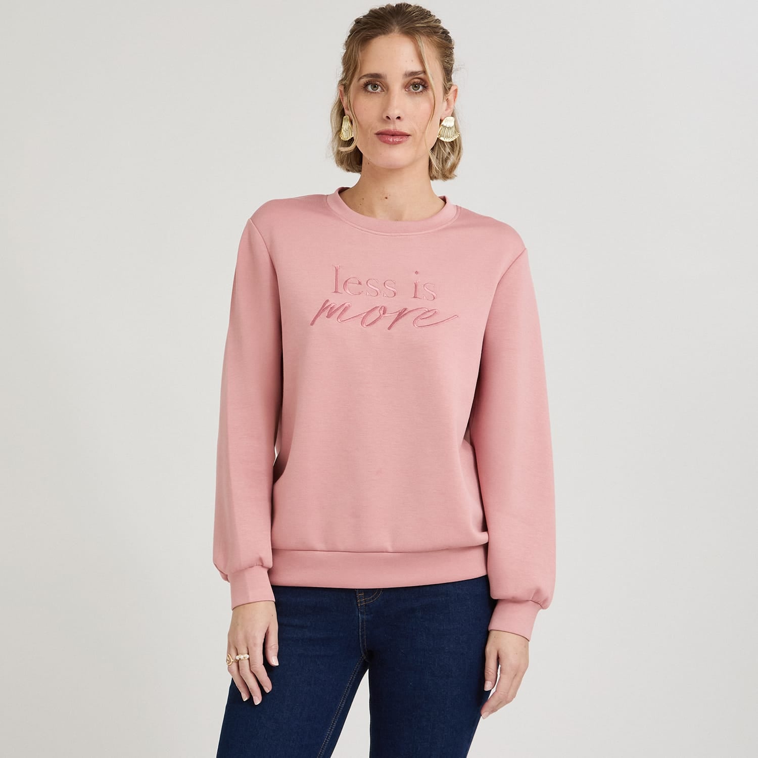 Polerón Algodón Escote Redondo Bordado Rosado